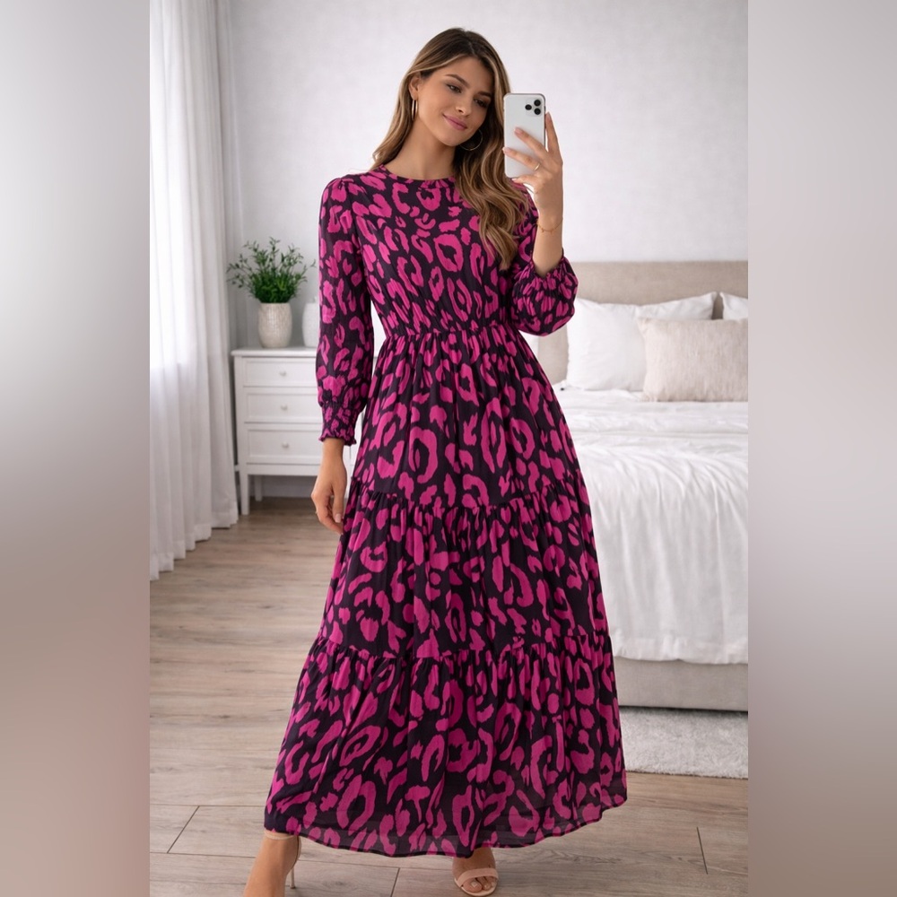 Who What Wear Pink and Black Leopard Print Long Sleeve Maxi Dress
